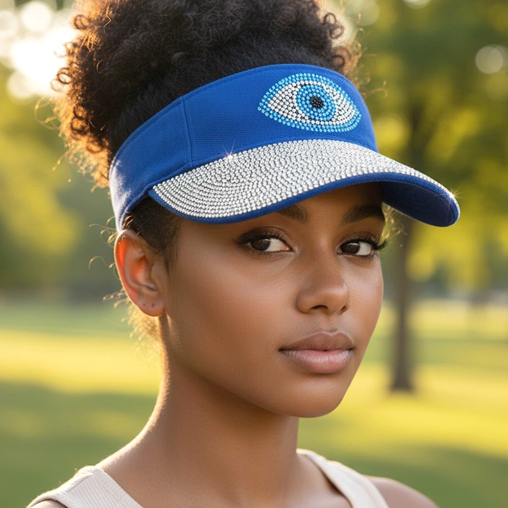 Silver Rhinestone Bling Evil Eye Accented Visor Hat - Blue or Red